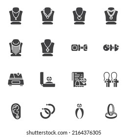 Jewelry store vector icons set, modern solid symbol collection, filled style pictogram pack. Signs, logo illustration. Set includes icons as Engagement Diamond Rings, Necklaces with pendant, earrings