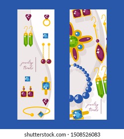Jewelry store website banners, vector illustration. Sparkling diamonds and jewels with precious gemstones. Flat style jewellery advertisement cards. Beauty fashion accessories and jewels for women.