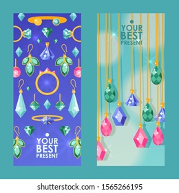 Jewelry store website banners, vector illustration. Sparkling diamonds and jewels with precious gemstones. Flat style jewellery advertisement cards. Beauty fashion accessories and presents for women