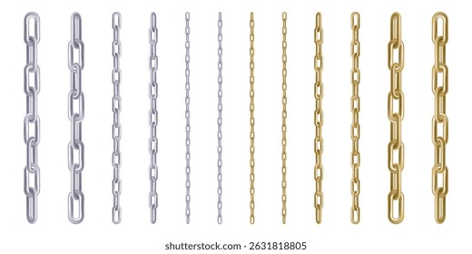 Jewelry straight chain set, 3d render. Golden and silver heavy rings connected. Weak or strong platinum link. Metal hanging straight border for blocked content. Secret item, high risk security protect