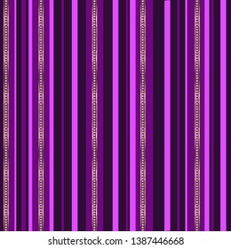 Jewelry striped vector seamless pattern. Abstract pink, purple and gold stripes with diamonds on dark purple background. Template for design, textile, wallpaper, wrapping, jewelry box, ceramic tile.