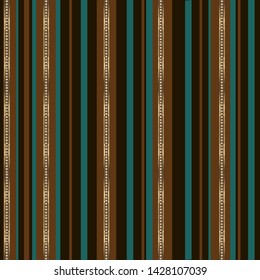 Jewelry striped vector seamless pattern. Brown, turquoise and gold stripes with diamonds on black background. Luxury template for design, textile, wallpaper, wrapping, jewelry box, ceramic tile.