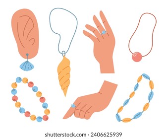 jewelry and summer accessories set. ear with earring. hands with a ring. necklaces and bracelets