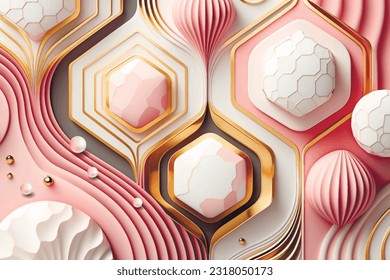 Jewelry textured abstract 3d vector background. Luxury gemstones pattern ornament illustration with surface gold lines, curves, 3d pearls. Beautiful ornate modern 3d design in pink gold white colors.