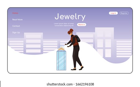Jewelry theft landing page flat color vector template. Woman stealing golden diadem. Museum robbery. Homepage layout. One page website interface with cartoon character. Web banner, webpage