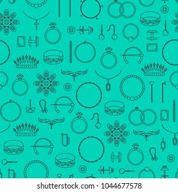 Jewelry Thin Line Seamless Pattern Background on a Blue Include of Earrings, Bracelet, Ring, Necklace and Chain. Vector illustration of Jewellery