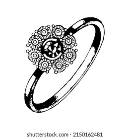 Jewelry, a thin ring made of gold with imitation of precious stones. Jewelry made of gold with precious stones. Vector engraving black and white illustration