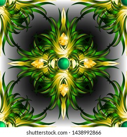 Jewelry tropical floral 3d seamless pattern. Ornate exotic tropic background. Colorful vintage gem stones backdrop. Elegance colorful abstract flowers, leaves, gemstones, diamonds. Jewellery ornaments