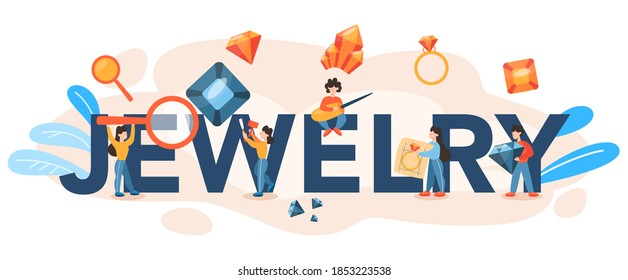 Jewelry typographic header. Idea of creative people and profession. Jeweler examining faceted diamond in workplace. Person working with precious stones. Vector illustration