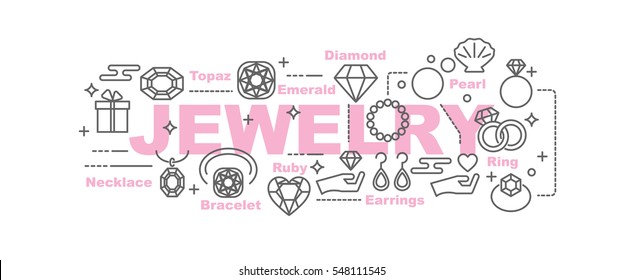jewelry vector banner design concept, flat style with thin line art icons on white background