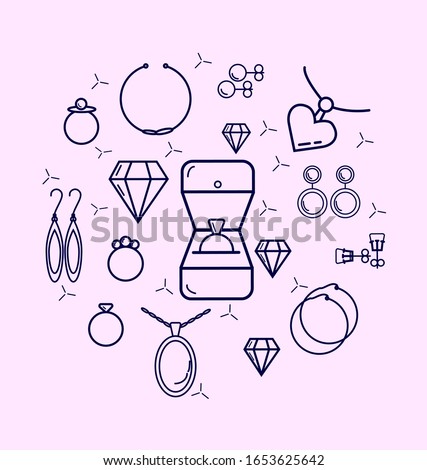 Jewelry Vector Flat Line Icons Set. Set of jewellery icons such as Jewelry, Earrings, Bracelet, Wedding ring, Rings, Ring, Necklace, Diamond ring, jewellery, Bracelet, Diamond and more