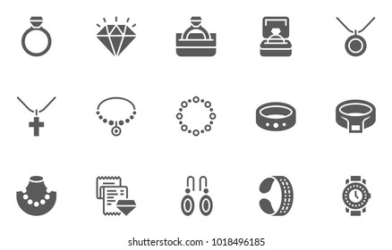 Jewelry Vector Icons Set. Contains Ring, Necklace, Bracelet, Diamond and more.