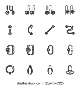 Jewelry vector icons set, modern solid symbol collection, filled style pictogram pack. Signs, logo illustration. Set includes icons as gem earrings, diamond ring, piercing, wrist watch, bracelet