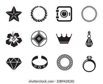 Jewelry vector icons set with shiny diamond, necklace and ring. Thirteen simple icons