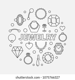 Jewelry vector minimal round illustration made with icons of rings, earrings, necklaces and other jewellery accessories