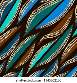 Jewelry vector seamless pattern. Abstract blue, green and brown petals in gold frame with diamonds. Luxury background. Template for trendy textile, wallpaper, print, web, carton, banner.