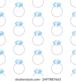 Jewelry vector seamless pattern. Stylized faceted diamonds in silver rings on white background.