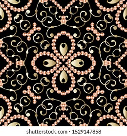 Jewelry vintage 3d pearls vector seamless pattern. Baroque Damask ornamental arabesque background. Luxury floral ornament with pearl necklaces, gemstones. Beautiful ornate design. 3d wallpaper. Fabric