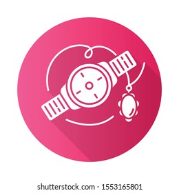 Jewelry and watches pink flat design long shadow glyph icon. Necklace, bracelet with precious stone. Fashion details. E commerce department, shopping categories. Vector silhouette illustration