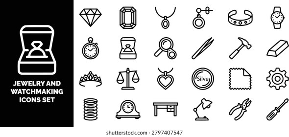 Jewelry and watchmaking set, black and white linear symbols of gemstones, tools, watches, and accessories for goldsmiths