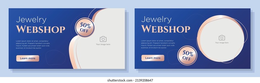 Jewelry webshop online banner template set, elegant gold fashion store corporate advertisement, horizontal ad, jewellery offer campaign webpage, flyer, creative brochure, isolated on background.