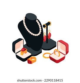 Jewelry. wedding rings earrings and beads. Vector isometric illustration