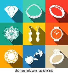 Jewelry white flat icons set with long shadow - rings, diamonds, watch, earrings, pendant, cuff links, necklace. Vector