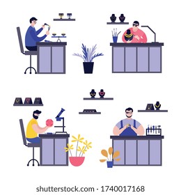 Jewelry work. A person who works with precious stones and jewelry. Vector flat illustration on a white background.