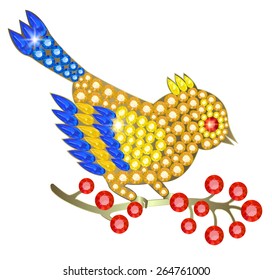 Jewelry-birdie of gems sitting on a branch with fruits
