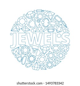 Jewels background. Circle shape with luxury diamond gems bracelets and shiny rings vector jewels collection