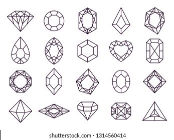 Jewels Diamond Icons. Diamonds Gems, Luxury Jewel Gemstones And Precious Gem. Crystal Gemstone, Jeweler Gems Precious Or Jeweller Brilliant Treasure. Isolated Vector Line Icon Set