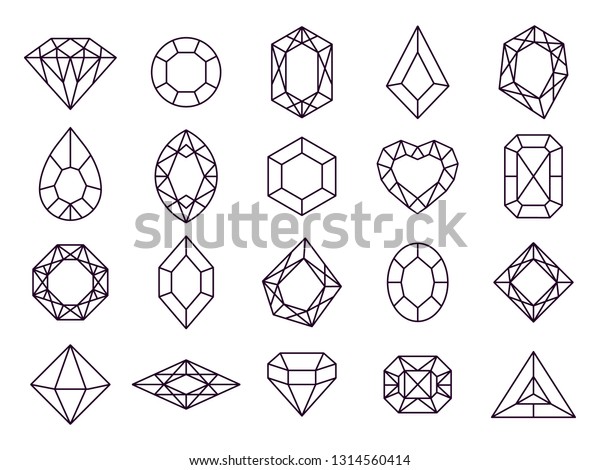 Jewels diamond\
icons. Diamonds gems, luxury jewel gemstones and precious gem.\
Crystal gemstone, jeweler gems precious or jeweller brilliant\
treasure. Isolated vector line icon\
set