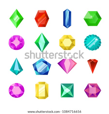 Jewels or diamonds brilliant vector set. Cartoon flat gems Jewels. Gemstone and crystal, precious glass elements isolated on white background