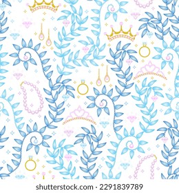jewels in the palace seamless pattern. pearl, diamond, ring, necklace, crown, tiara for princess and queen, girly style. good for fabric, wallpaper, fashion design, home décor, background, textile.