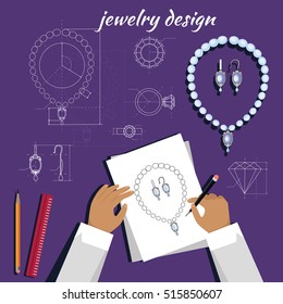 Jewerly production sketch banner. Jewelry designer works on hand drawn sketch of necklace and earrings. Draft outline of diamond unit design. Project of brilliant ornamental chain and earrings. Vector