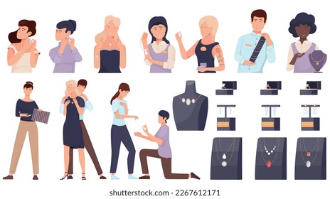 Joyería con íconos aislados imágenes planas de joyas y garabatos personajes humanos de clientes ilustración vectorial