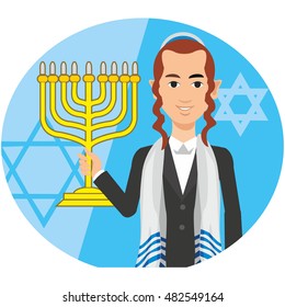 jew,hassid,rabbi,with Payot and menorah