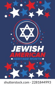 Jewish American Heritage Month. Celebrated annual in May. Jewish American contribution to the history United States. Star of David. Israel symbol. Poster, card, banner and background. Vector