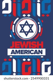 Jewish American Heritage Month. Jüdisch-amerikanischer Beitrag zur Geschichte der Vereinigten Staaten. Jährlich im Mai gefeiert. Stern von David. Israel-Symbol. Vektorposter, kreative Illustration