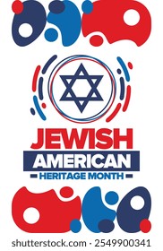 Jewish American Heritage Month. Jüdisch-amerikanischer Beitrag zur Geschichte der Vereinigten Staaten. Jährlich im Mai gefeiert. Stern von David. Israel-Symbol. Vektorposter, kreative Illustration