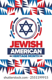 Jewish American Heritage Month. Jüdisch-amerikanischer Beitrag zur Geschichte der Vereinigten Staaten. Jährlich im Mai gefeiert. Stern von David. Israel-Symbol. Vektorposter, kreative Illustration