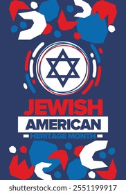 Jewish American Heritage Month. Jüdisch-amerikanischer Beitrag zur Geschichte der Vereinigten Staaten. Jährlich im Mai gefeiert. Stern von David. Israel-Symbol. Vektorposter, kreative Illustration