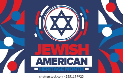 Jewish American Heritage Month. Jüdisch-amerikanischer Beitrag zur Geschichte der Vereinigten Staaten. Jährlich im Mai gefeiert. Stern von David. Israel-Symbol. Vektorposter, kreative Illustration