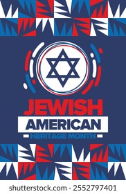 Jewish American Heritage Month. Jüdisch-amerikanischer Beitrag zur Geschichte der Vereinigten Staaten. Jährlich im Mai gefeiert. Stern von David. Israel-Symbol. Vektorposter, kreative Illustration