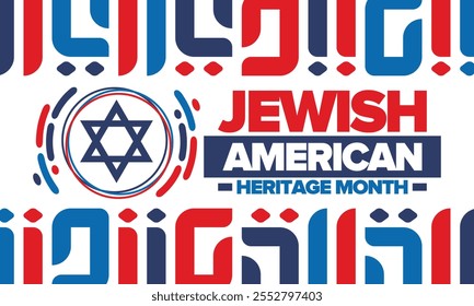 Jewish American Heritage Month. Jüdisch-amerikanischer Beitrag zur Geschichte der Vereinigten Staaten. Jährlich im Mai gefeiert. Stern von David. Israel-Symbol. Vektorposter, kreative Illustration