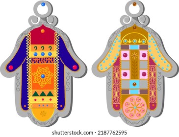 Jewish amulet hamsa Two colorful talismans in the form of the palm of David for happiness and prosperity Vector