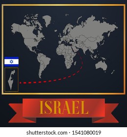 Jewish and arabic Israel national flag, realistic globe world map blank template, solid country outline silhouette, atlas for infographic, vector illustration set, isolated object, background