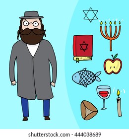 Jewish bearded man and a set of different jewish elements. Vector illustration