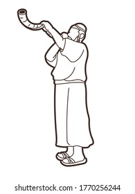 Jewish blowing the Shofar horn cartoon graphic vector.
