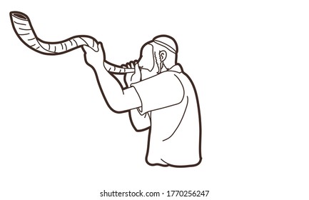 Jewish blowing the Shofar horn cartoon graphic vector.